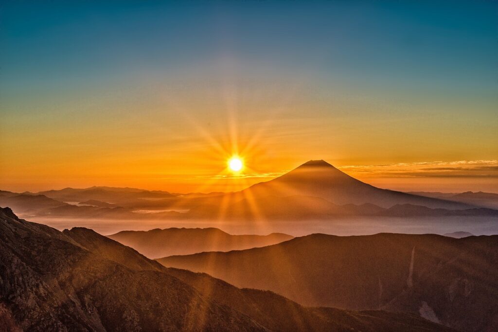 mount fuji, japan, volcano, nature, mountain, mountains, mystery, sunrise, sunlight, landscape, natural