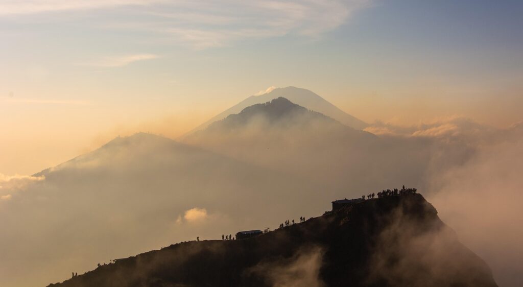 volcano, mount batur, mount abang, mount agung, bali, indonesia, sunrise, landscape, outdoor, kintamani, clouds, people, nature, mountain, hiking, brown mountain, brown sunrise